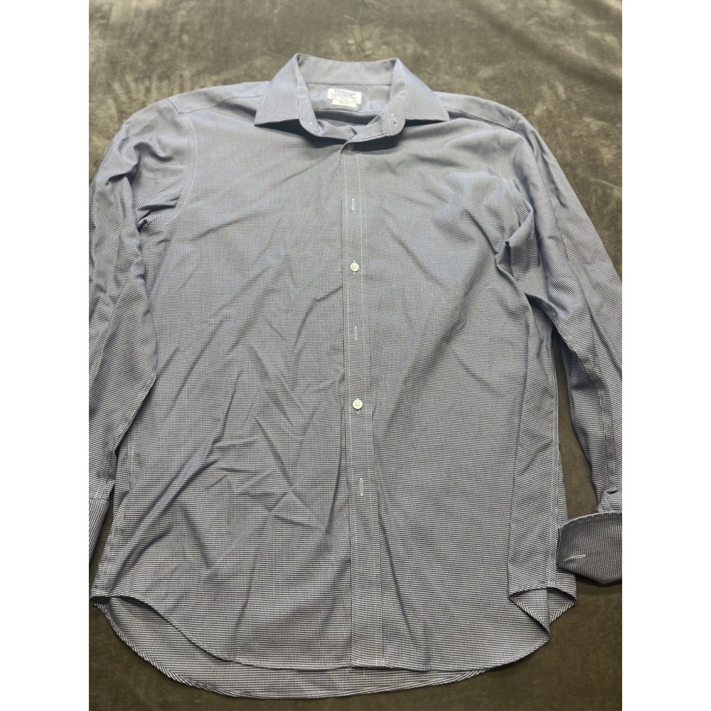 TM Lewin Mens Dress Shirt 16.5 34.5 Blue White Checkered Slim Fit Non Iron